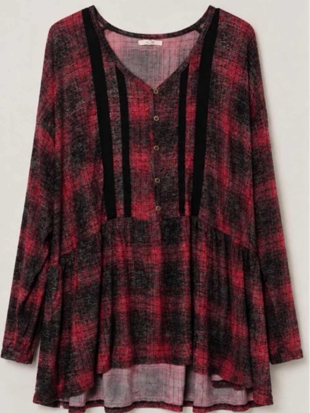 Maurices Red and Black Plaid Tiered Henley Tunic